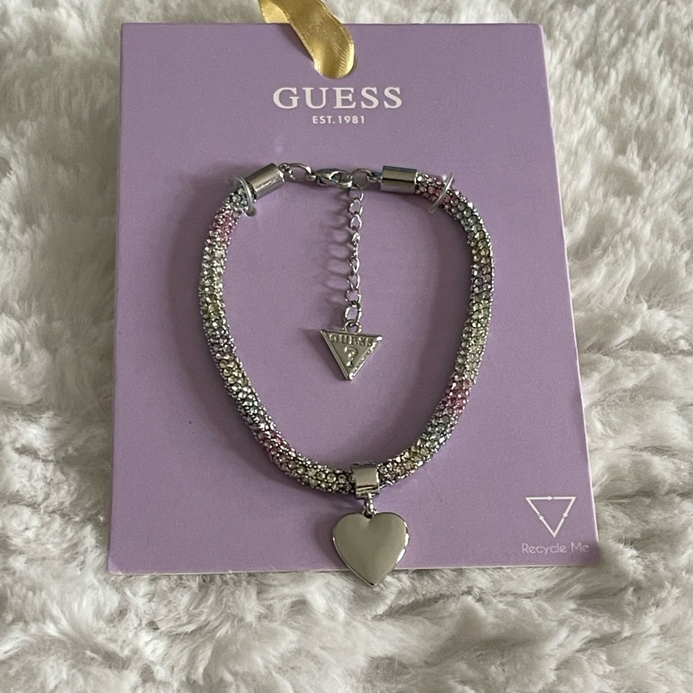 Guess Multicolor Crystal Heart Charm Flex Bracelet Silver Tone NWT